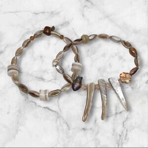 Natural Shell Czech Glass Crystals Stretch Bracelet Set Coastal Chic Beachy